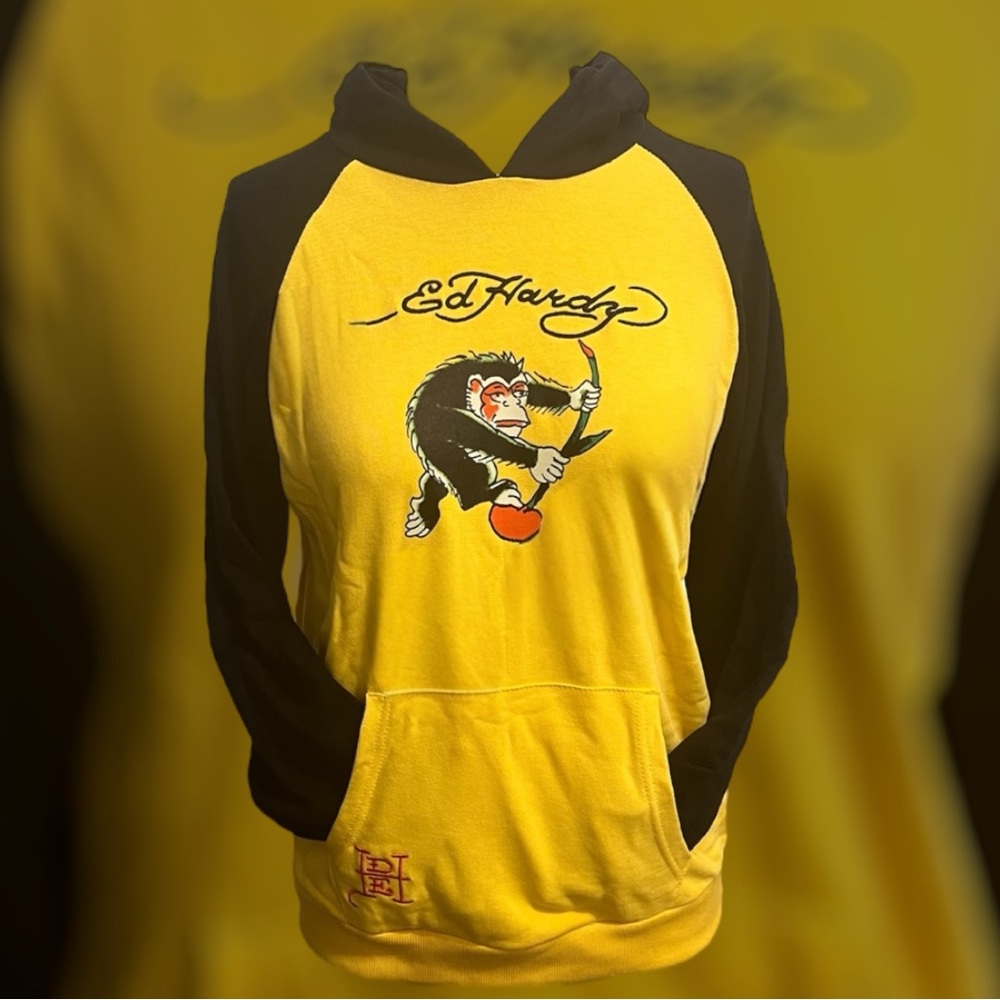 Ed Hardy Yellow and Black Graphic Sweatshirt Boys Size 13/14 New With Tags